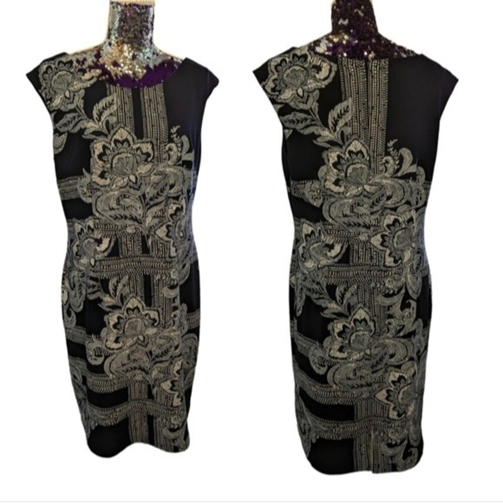 ILE Women's size 12 black and cream patterned sheath dress